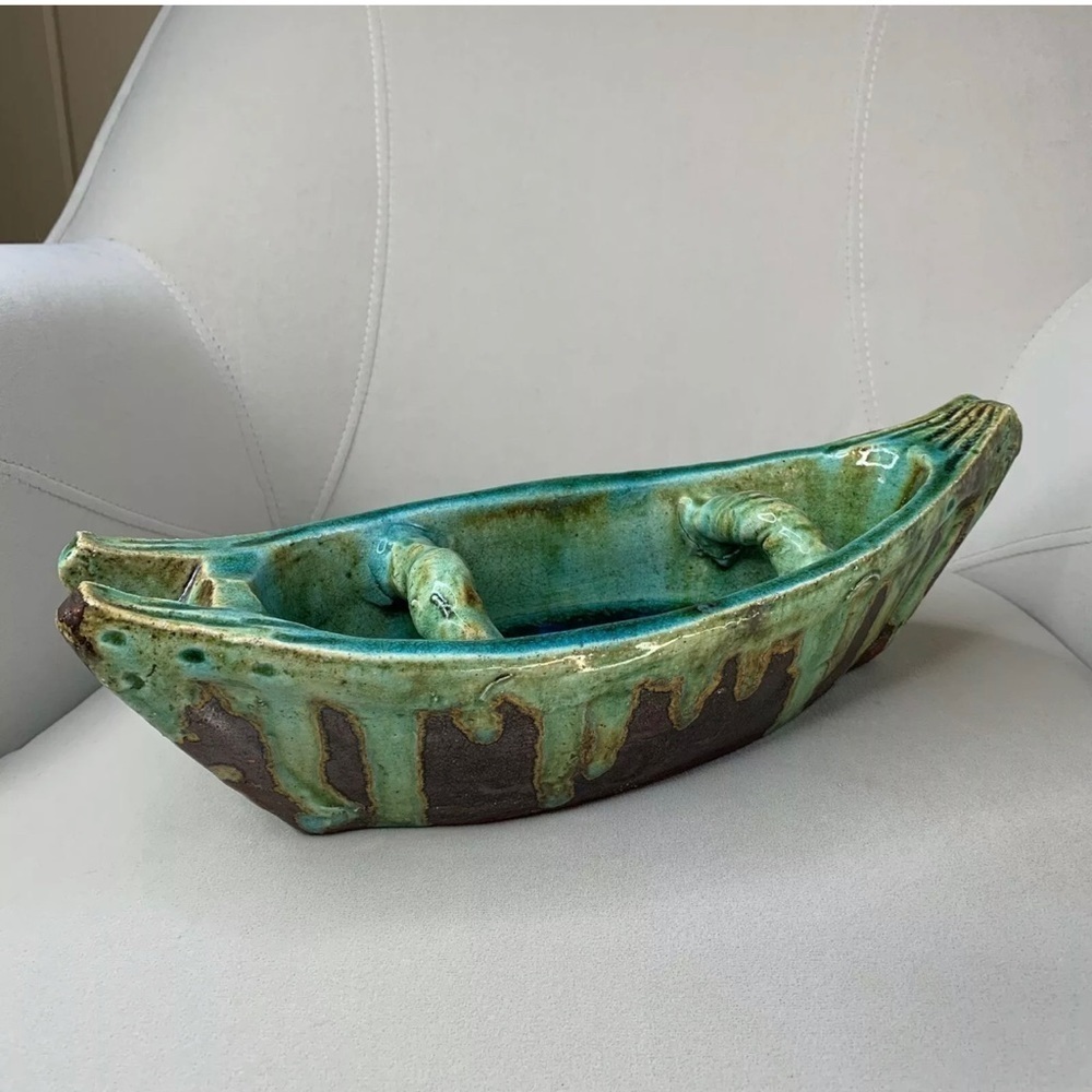 Canoe Glazed Stoneware Turquoise Drip Fused Blue Glass Bottom Statement Piece